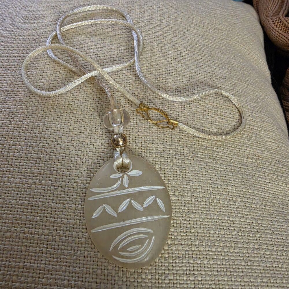 Clear Oval Glass Charm Pendant Necklace Cord Chain Gold Tone Hook Clasp